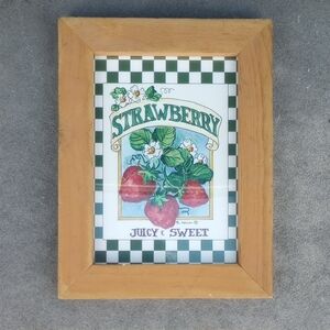 Framed Juicy & Sweet Strawberry Art by B. Mock. Red Green Blue Yellow White